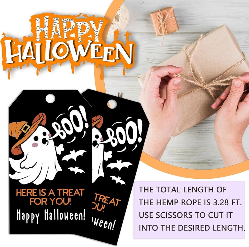 RPLCSPC Black Halloween Paper Gift Tags with String-50Pcs, Here is A Treat for You Happy Halloween Cute Ghost Boo Tags for Goodie Bags, 2 x 3.5 Inch Hanging Labels for Decor Party Supplies, Gift Wrapping-B08 - Image 3